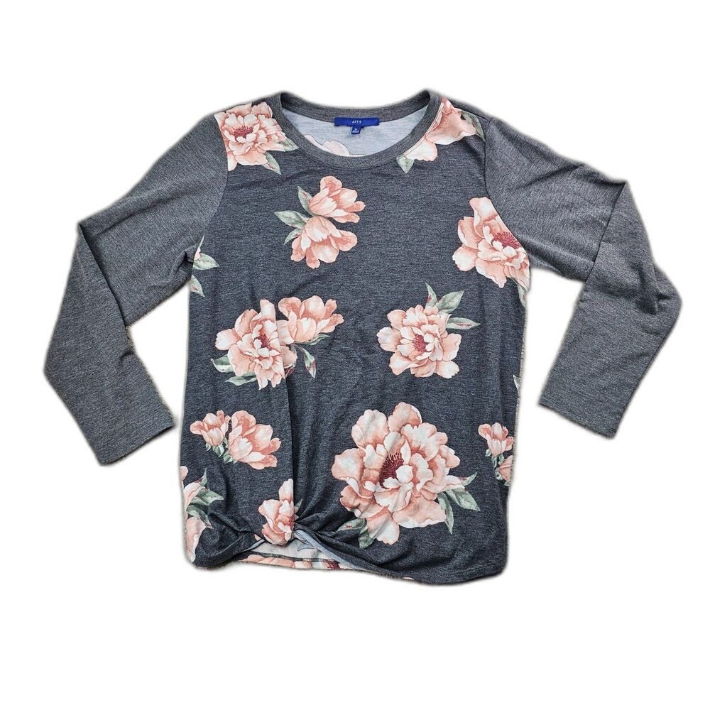 Apt. 9 Floral Long-Sleeve Top With Front Tie Rose Pattern Gray & Pink Women's XL